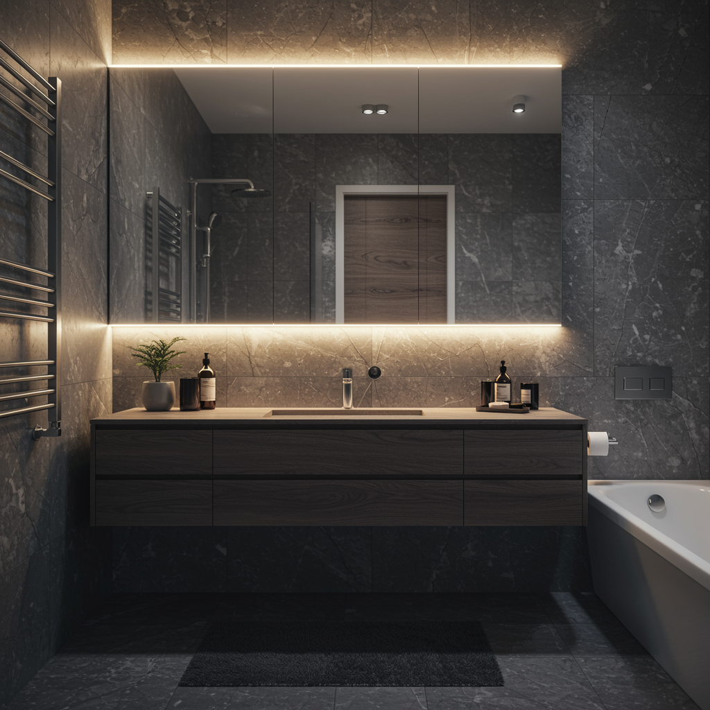 Baño moderno "Baño moderno y elegante con azulejos de mármol, tocador flotante y detalles de diseño de alta gama."