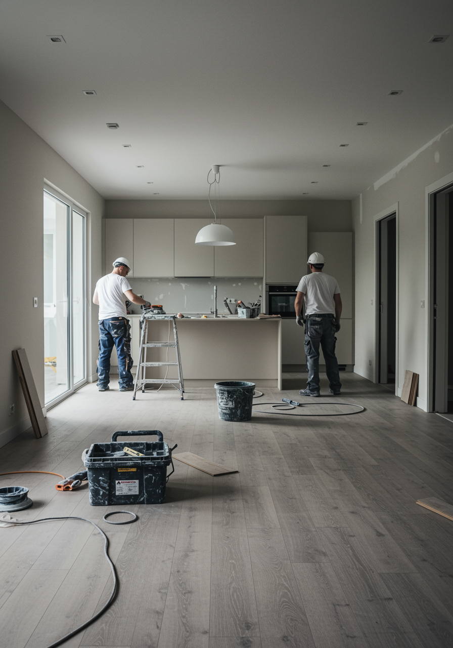 Renovación integral "Renovación integral de un moderno espacio de sala abierta con artesanos aplicando acabados en drywall y suelos de madera, resaltando materiales de alta calidad y un diseño contemporáneo."