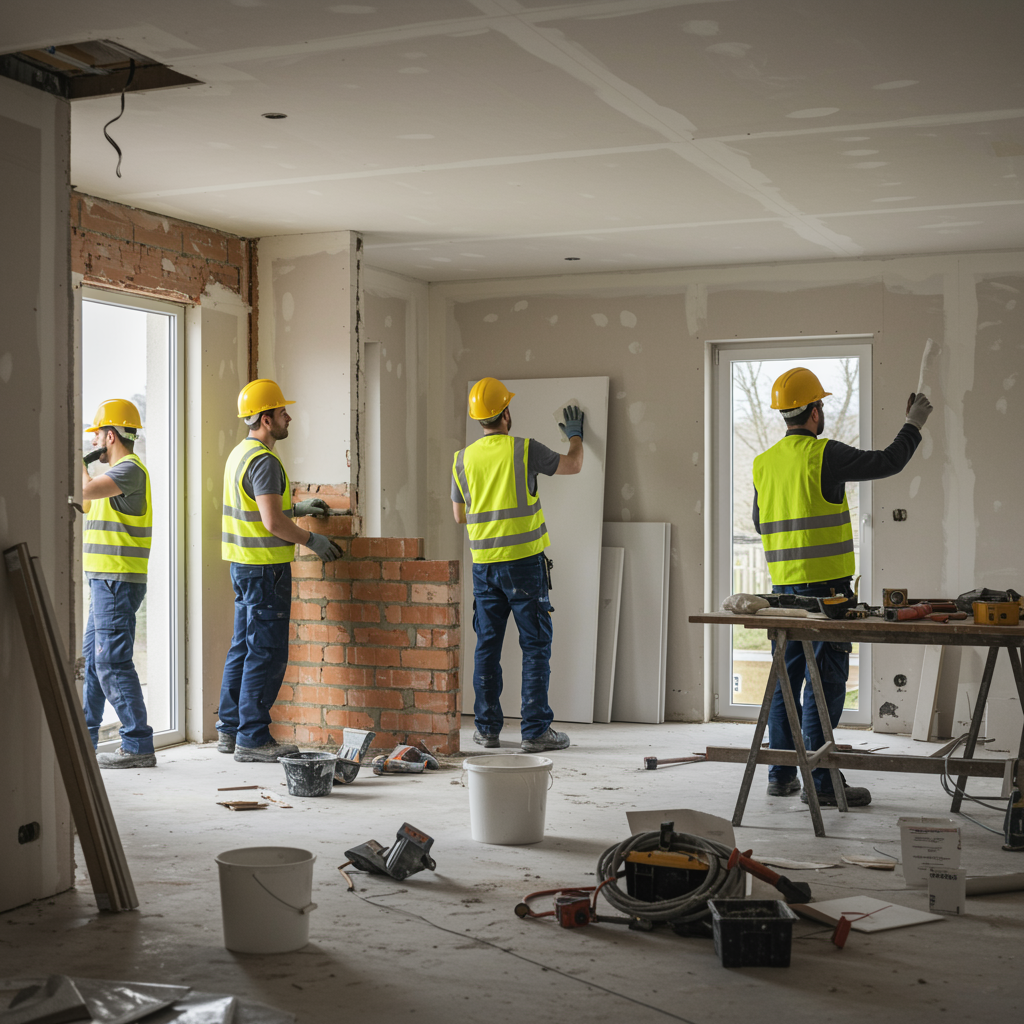 "Imagen fotorealista de un interior moderno en renovación, mostrando a un equipo de profesionales de la construcción colaborando en diversas tareas, ideal para servicios de construcción y mantenimiento."