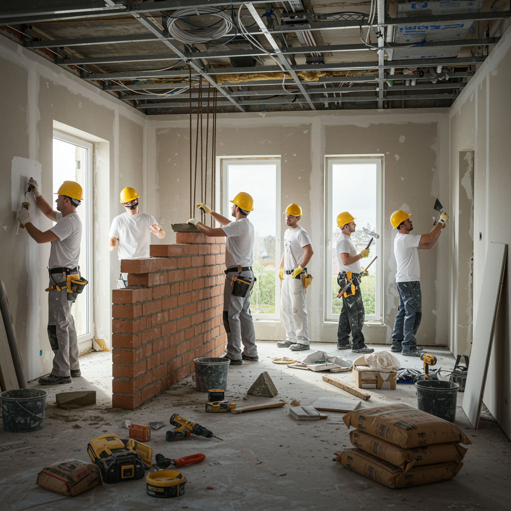 Equipo de construcción "Equipo de construcción colaborando en un interior residencial en construcción, con profesionales realizando tareas de albañilería, electricidad, fontanería, pintura y colocación de paneles de yeso bajo luz natural brillante."