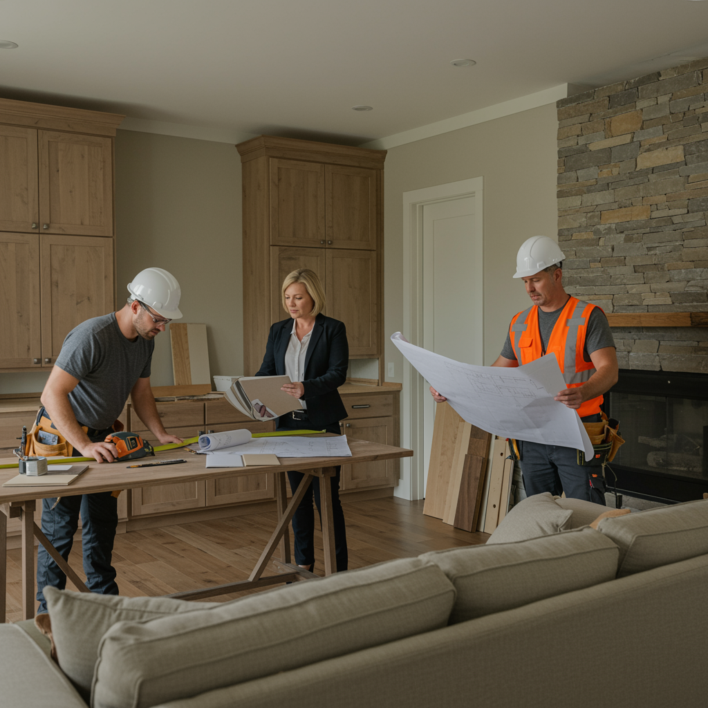 "Equipo de profesionales de la construcción en una renovación de lujo en interiores, con arquitecto y diseñador revisando planos y muestras de materiales, mientras un carpintero trabaja en paneles de madera premium, todo en un salón elegante y bien iluminado."