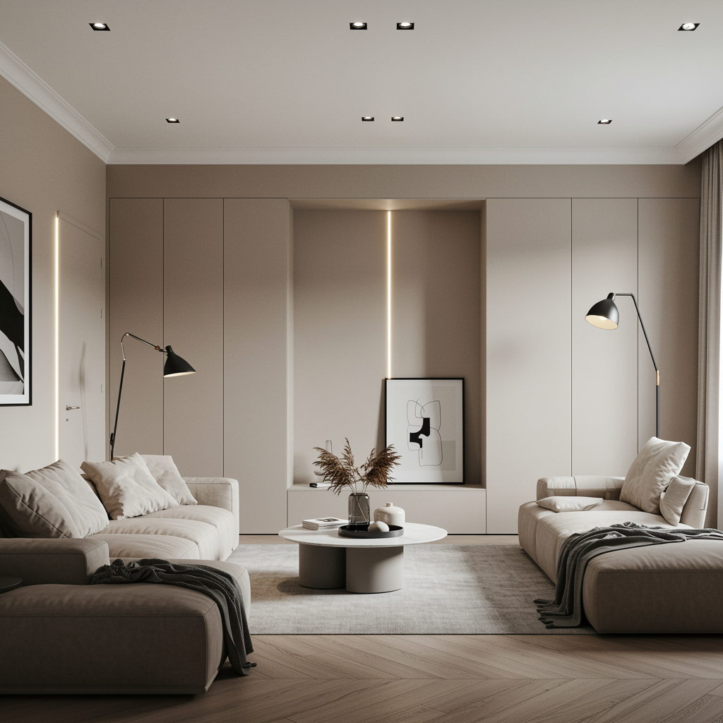 Salón luminoso "Salón luminoso y espacioso que destaca la experiencia en renovación interior de Grupo Ayadim, con pared de acento en tonos neutros, mobiliario integrado y decoración moderna."